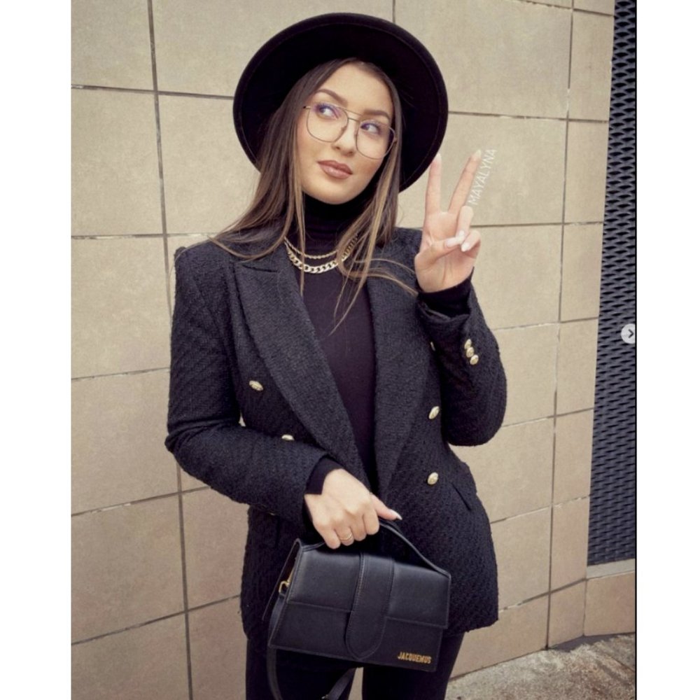 ZARA NEW WOMAN DOUBLE BREASTED TEXTURED JACKET BLACK Metal Buttons 7822/457 XS S